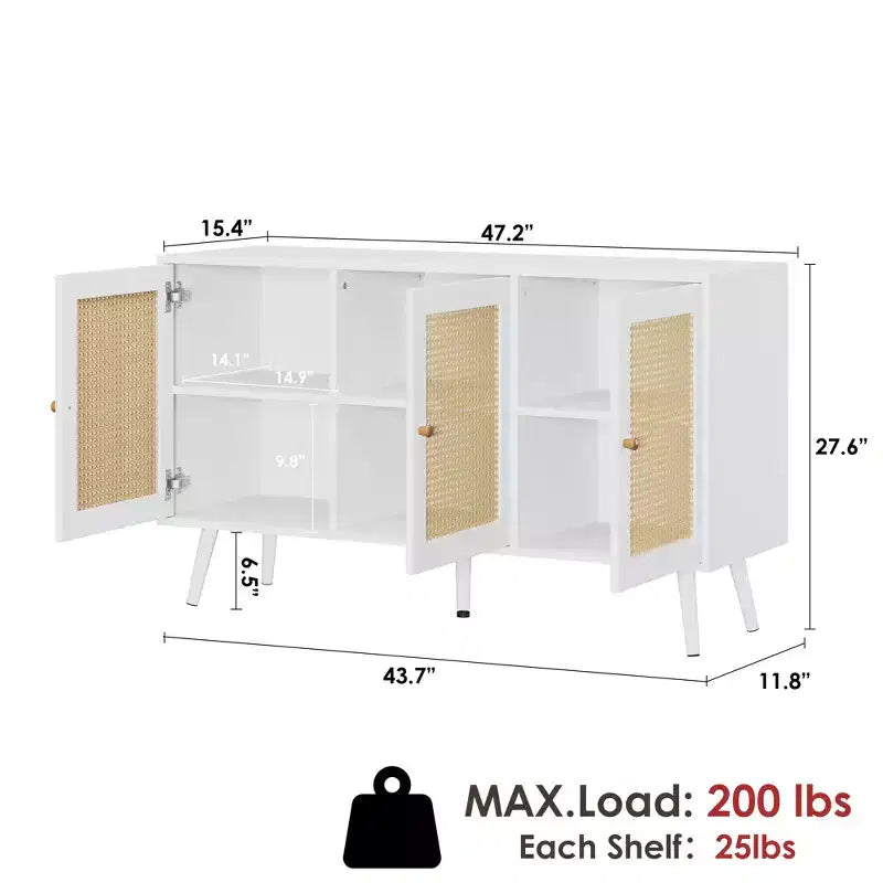 Meuble buffet en rotin à 3 portes avec rangement, buffet/crédence autoportant pour cuisine et salle à manger
