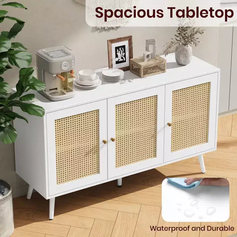 Meuble buffet en rotin à 3 portes avec rangement, buffet/crédence autoportant pour cuisine et salle à manger