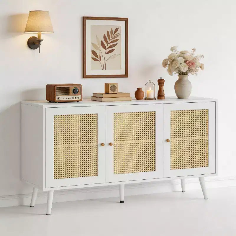 Meuble buffet en rotin à 3 portes avec rangement, buffet/crédence autoportant pour cuisine et salle à manger