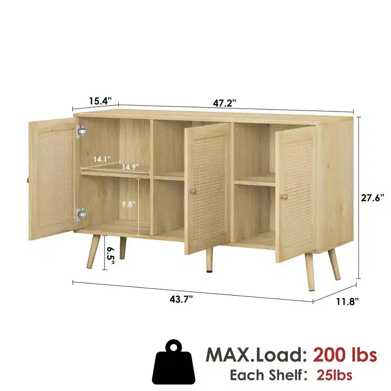 Meuble buffet en rotin à 3 portes avec rangement, buffet/crédence autoportant pour cuisine et salle à manger