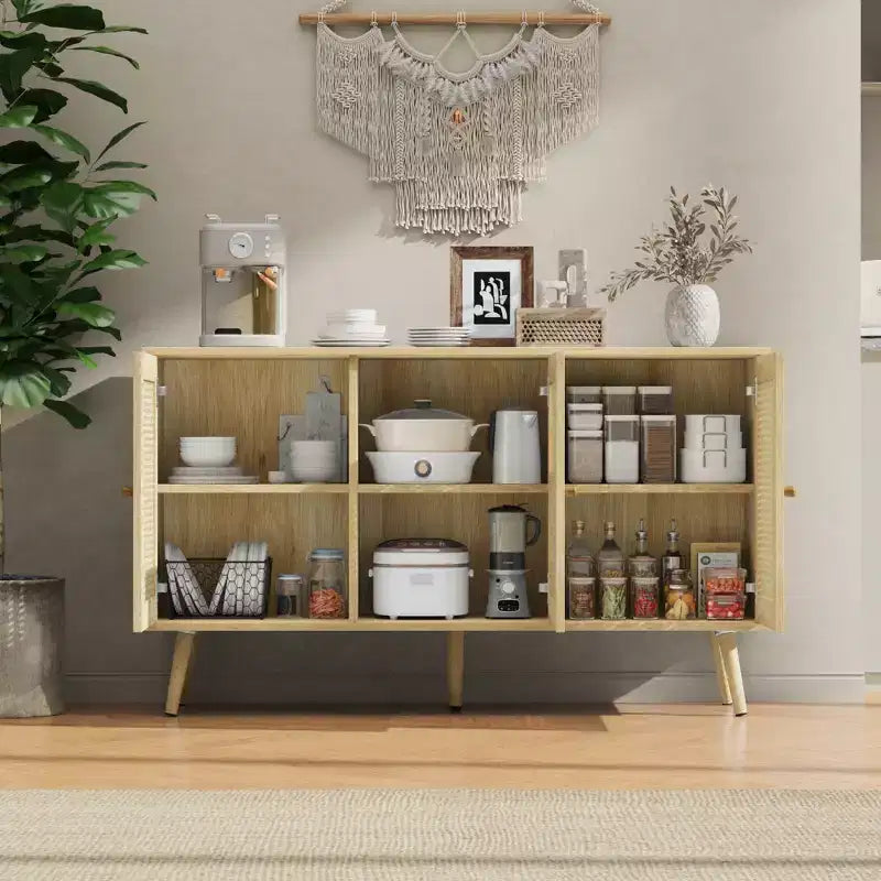 Meuble buffet en rotin à 3 portes avec rangement, buffet/crédence autoportant pour cuisine et salle à manger