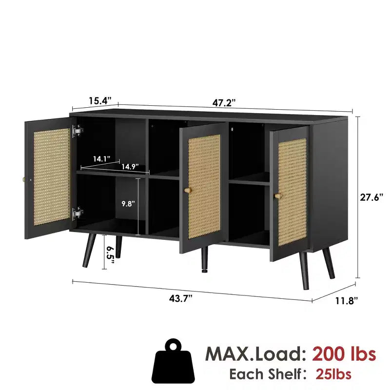Meuble buffet en rotin à 3 portes avec rangement, buffet/crédence autoportant pour cuisine et salle à manger