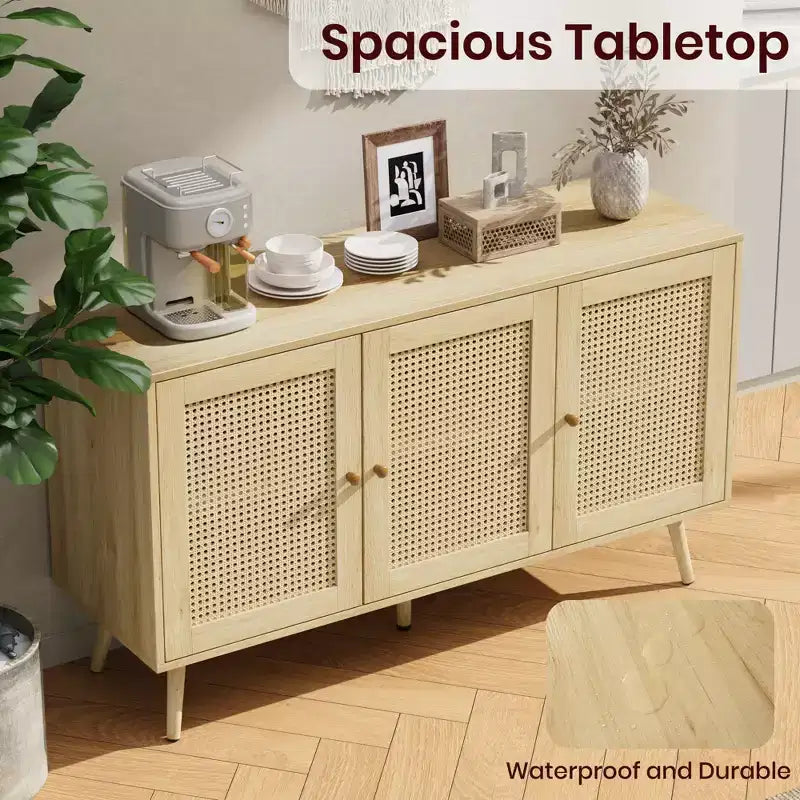 Meuble buffet en rotin à 3 portes avec rangement, buffet/crédence autoportant pour cuisine et salle à manger
