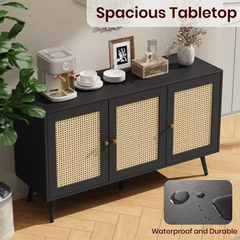 Meuble buffet en rotin à 3 portes avec rangement, buffet/crédence autoportant pour cuisine et salle à manger