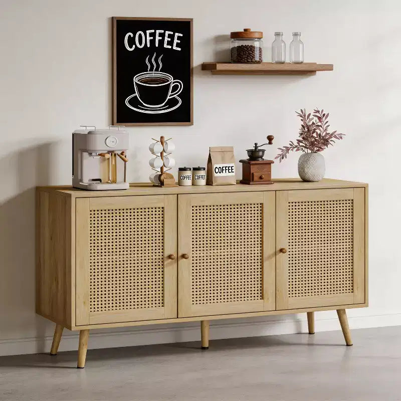 Meuble buffet en rotin à 3 portes avec rangement, buffet/crédence autoportant pour cuisine et salle à manger