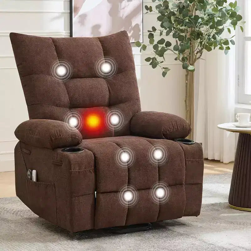 Fauteuil inclinable électrique releveur pour personnes âgées – Fauteuil inclinable de massage et chauffant avec aide au lever à 45°, fauteuil à bascule pivotant avec porte-gobelets, fauteuil de relaxation inclinable