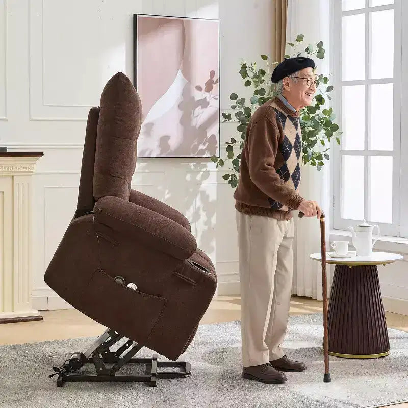 Fauteuil inclinable électrique releveur pour personnes âgées – Fauteuil inclinable de massage et chauffant avec aide au lever à 45°, fauteuil à bascule pivotant avec porte-gobelets, fauteuil de relaxation inclinable