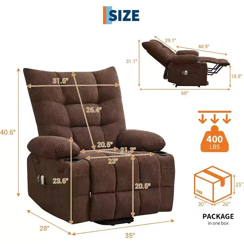 Fauteuil inclinable électrique releveur pour personnes âgées – Fauteuil inclinable de massage et chauffant avec aide au lever à 45°, fauteuil à bascule pivotant avec porte-gobelets, fauteuil de relaxation inclinable