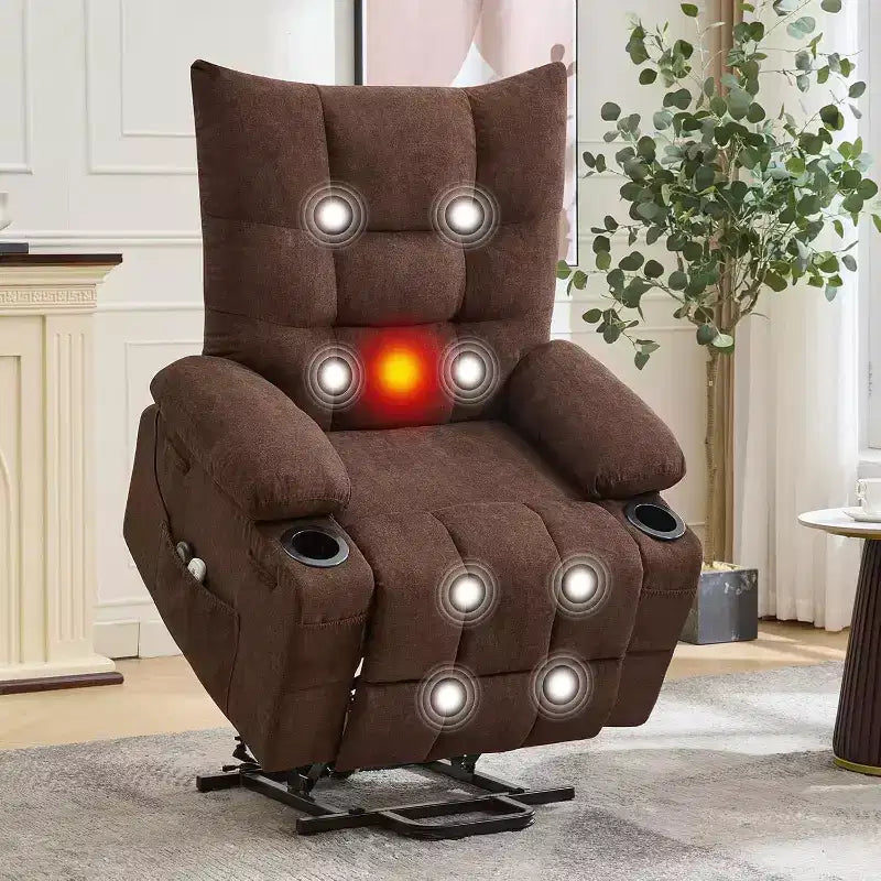 Fauteuil inclinable électrique releveur pour personnes âgées – Fauteuil inclinable de massage et chauffant avec aide au lever à 45°, fauteuil à bascule pivotant avec porte-gobelets, fauteuil de relaxation inclinable