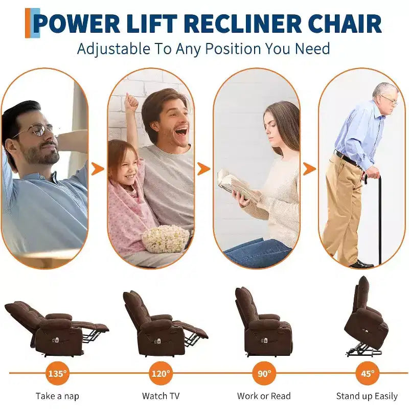 Fauteuil inclinable électrique releveur pour personnes âgées – Fauteuil inclinable de massage et chauffant avec aide au lever à 45°, fauteuil à bascule pivotant avec porte-gobelets, fauteuil de relaxation inclinable