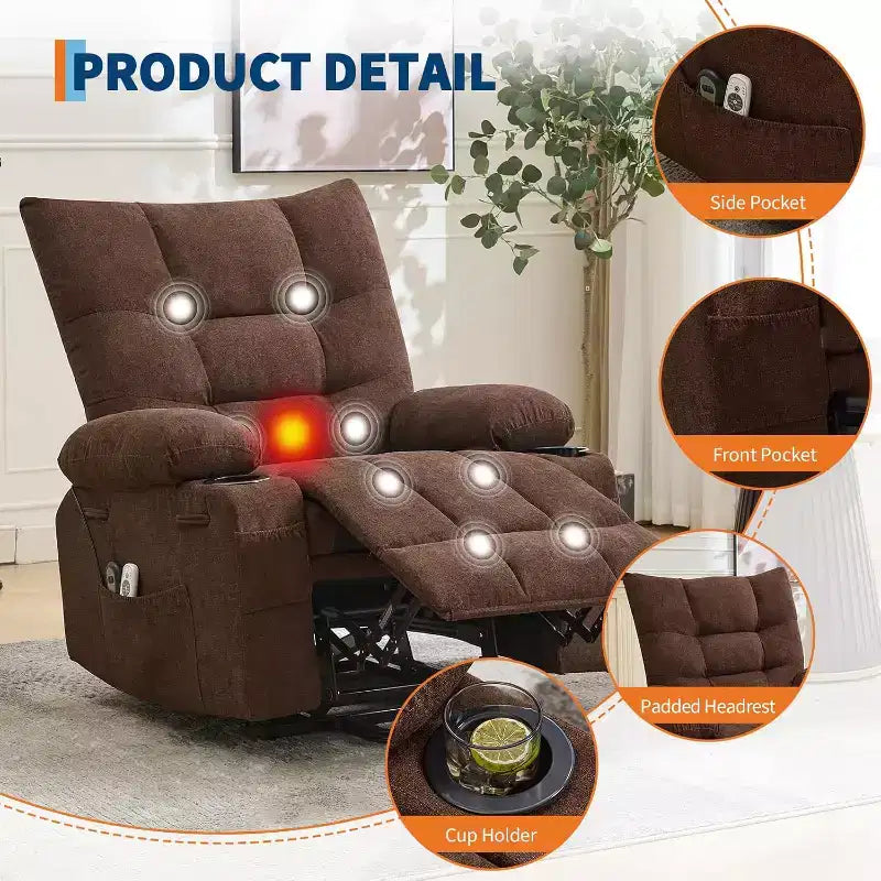 Fauteuil inclinable électrique releveur pour personnes âgées – Fauteuil inclinable de massage et chauffant avec aide au lever à 45°, fauteuil à bascule pivotant avec porte-gobelets, fauteuil de relaxation inclinable