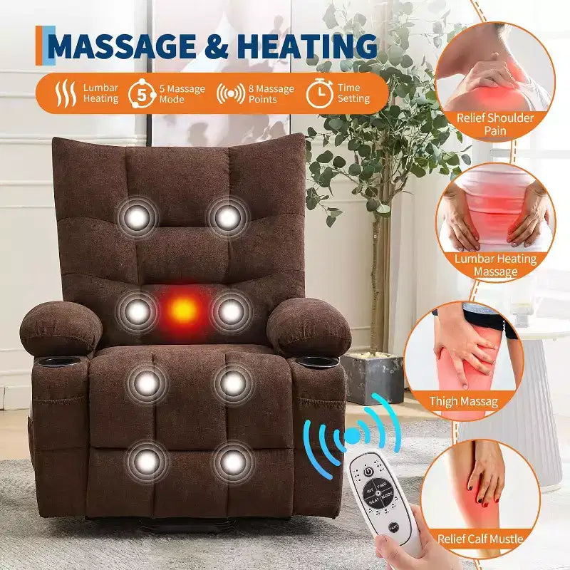 Fauteuil inclinable électrique releveur pour personnes âgées – Fauteuil inclinable de massage et chauffant avec aide au lever à 45°, fauteuil à bascule pivotant avec porte-gobelets, fauteuil de relaxation inclinable