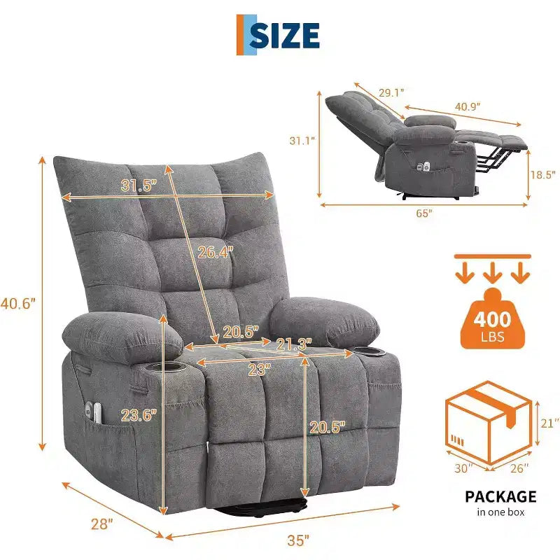 Fauteuil inclinable électrique releveur pour personnes âgées – Fauteuil inclinable de massage et chauffant avec aide au lever à 45°, fauteuil à bascule pivotant avec porte-gobelets, fauteuil de relaxation inclinable
