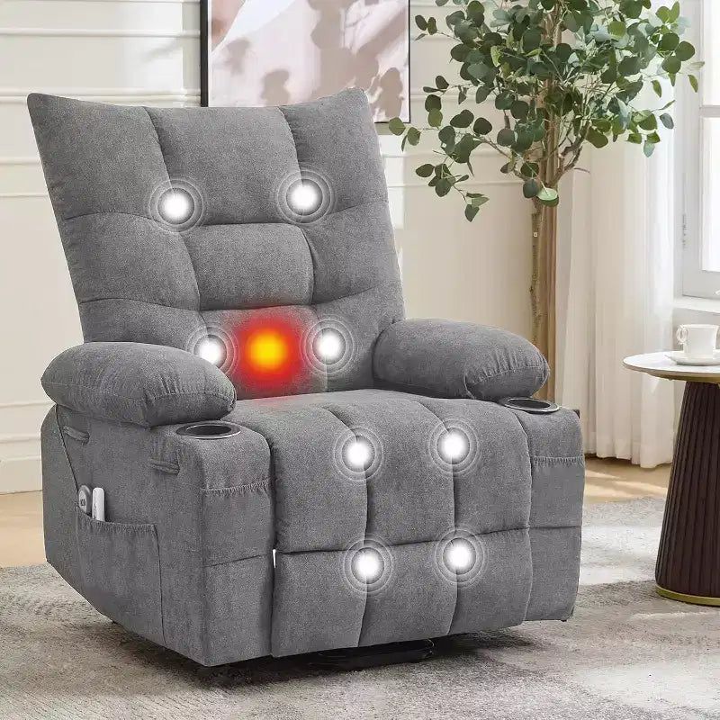 Fauteuil inclinable électrique releveur pour personnes âgées – Fauteuil inclinable de massage et chauffant avec aide au lever à 45°, fauteuil à bascule pivotant avec porte-gobelets, fauteuil de relaxation inclinable