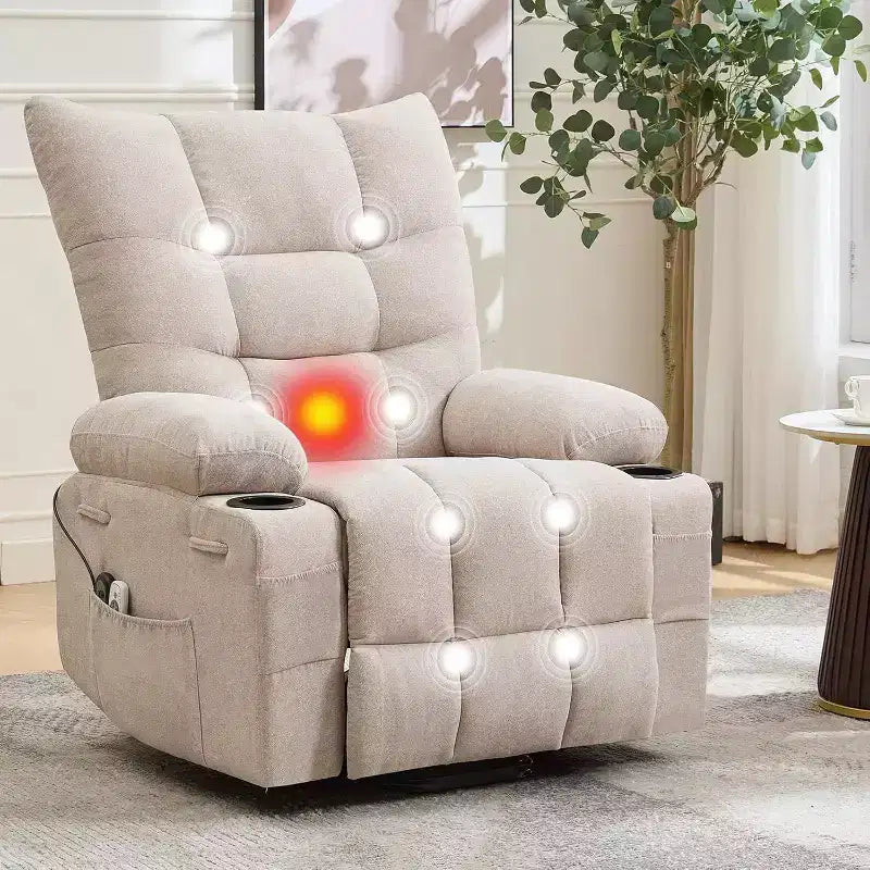 Fauteuil inclinable électrique releveur pour personnes âgées – Fauteuil inclinable de massage et chauffant avec aide au lever à 45°, fauteuil à bascule pivotant avec porte-gobelets, fauteuil de relaxation inclinable