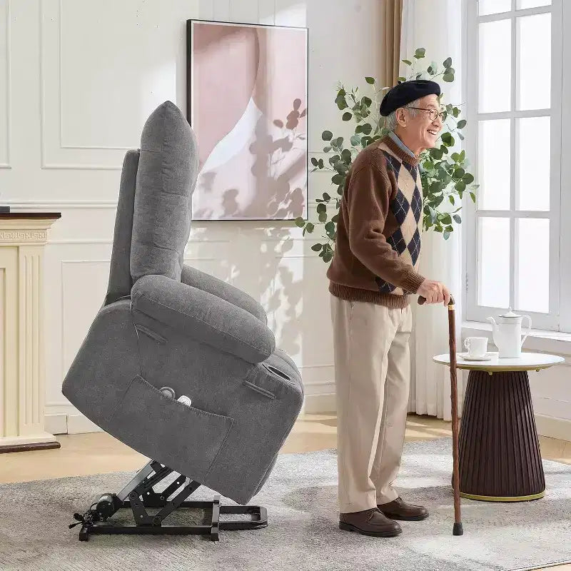 Fauteuil inclinable électrique releveur pour personnes âgées – Fauteuil inclinable de massage et chauffant avec aide au lever à 45°, fauteuil à bascule pivotant avec porte-gobelets, fauteuil de relaxation inclinable