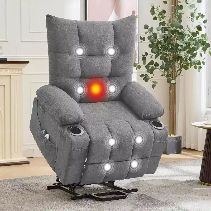 Fauteuil inclinable électrique releveur pour personnes âgées – Fauteuil inclinable de massage et chauffant avec aide au lever à 45°, fauteuil à bascule pivotant avec porte-gobelets, fauteuil de relaxation inclinable