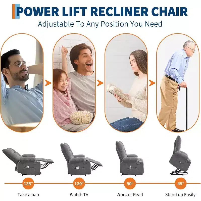 Fauteuil inclinable électrique releveur pour personnes âgées – Fauteuil inclinable de massage et chauffant avec aide au lever à 45°, fauteuil à bascule pivotant avec porte-gobelets, fauteuil de relaxation inclinable