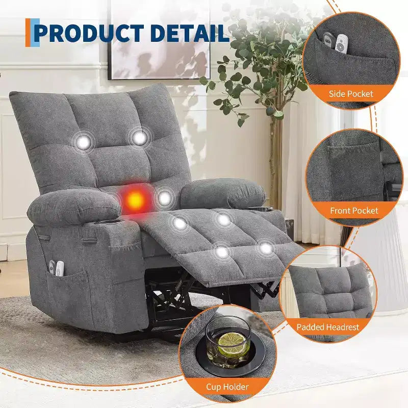 Fauteuil inclinable électrique releveur pour personnes âgées – Fauteuil inclinable de massage et chauffant avec aide au lever à 45°, fauteuil à bascule pivotant avec porte-gobelets, fauteuil de relaxation inclinable
