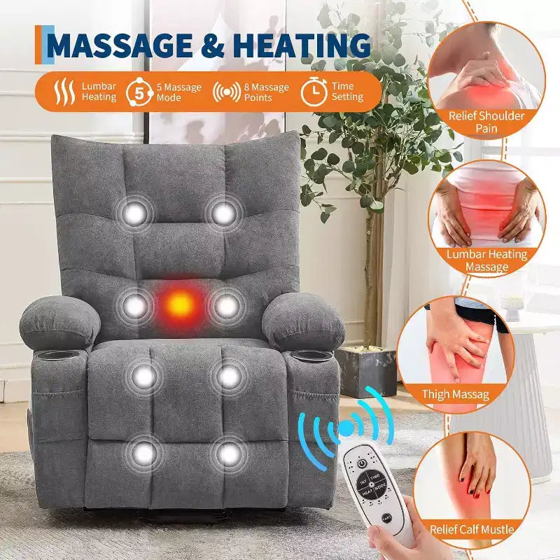 Fauteuil inclinable électrique releveur pour personnes âgées – Fauteuil inclinable de massage et chauffant avec aide au lever à 45°, fauteuil à bascule pivotant avec porte-gobelets, fauteuil de relaxation inclinable