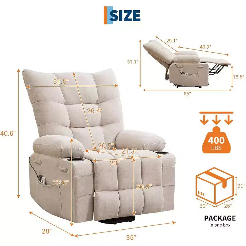 Fauteuil inclinable électrique releveur pour personnes âgées – Fauteuil inclinable de massage et chauffant avec aide au lever à 45°, fauteuil à bascule pivotant avec porte-gobelets, fauteuil de relaxation inclinable