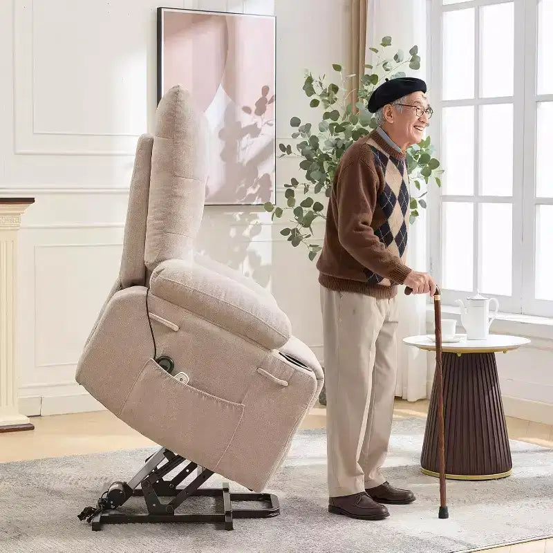 Fauteuil inclinable électrique releveur pour personnes âgées – Fauteuil inclinable de massage et chauffant avec aide au lever à 45°, fauteuil à bascule pivotant avec porte-gobelets, fauteuil de relaxation inclinable