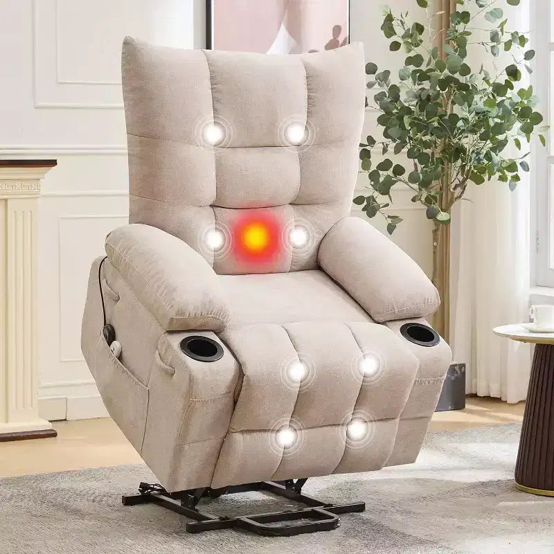 Fauteuil inclinable électrique releveur pour personnes âgées – Fauteuil inclinable de massage et chauffant avec aide au lever à 45°, fauteuil à bascule pivotant avec porte-gobelets, fauteuil de relaxation inclinable