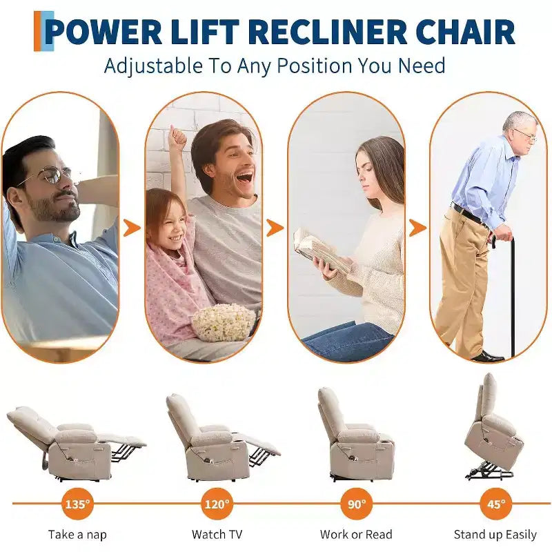 Fauteuil inclinable électrique releveur pour personnes âgées – Fauteuil inclinable de massage et chauffant avec aide au lever à 45°, fauteuil à bascule pivotant avec porte-gobelets, fauteuil de relaxation inclinable