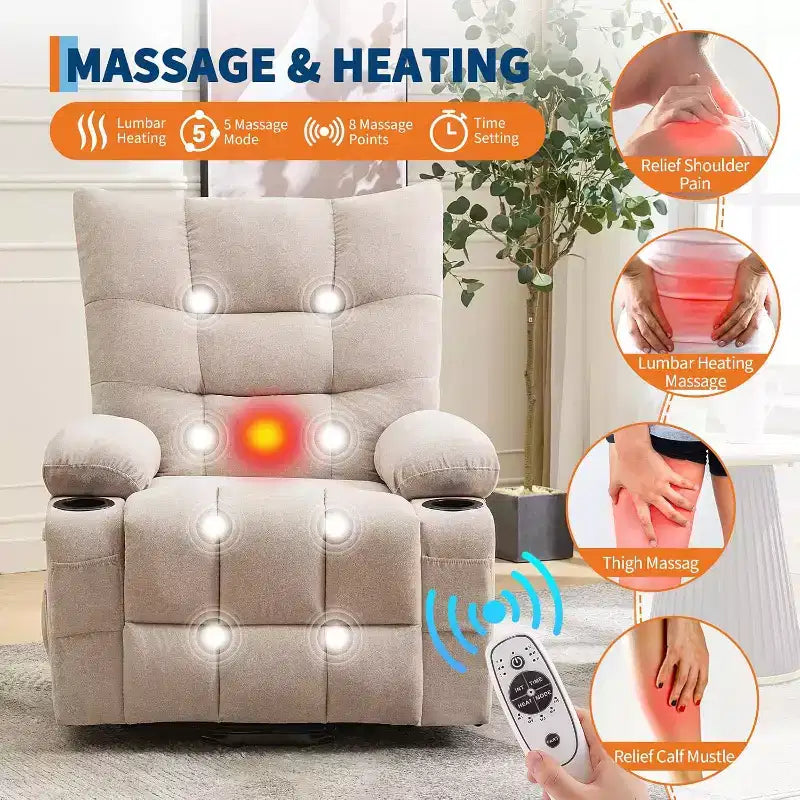 Fauteuil inclinable électrique releveur pour personnes âgées – Fauteuil inclinable de massage et chauffant avec aide au lever à 45°, fauteuil à bascule pivotant avec porte-gobelets, fauteuil de relaxation inclinable