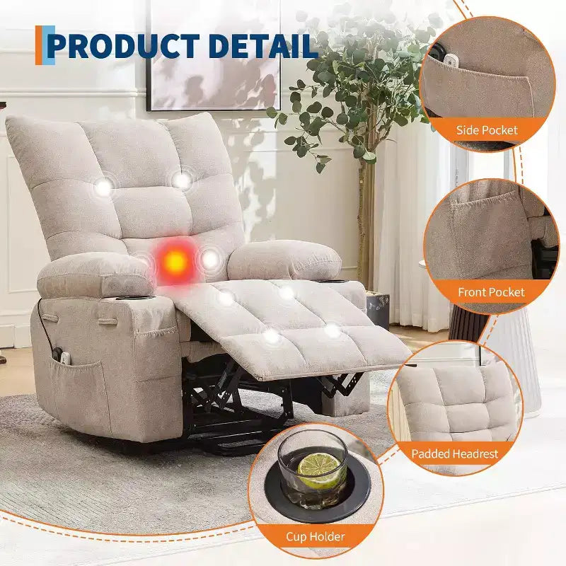 Fauteuil inclinable électrique releveur pour personnes âgées – Fauteuil inclinable de massage et chauffant avec aide au lever à 45°, fauteuil à bascule pivotant avec porte-gobelets, fauteuil de relaxation inclinable