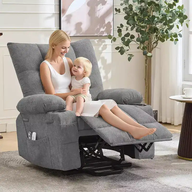 Fauteuil inclinable électrique releveur pour personnes âgées – Fauteuil inclinable de massage et chauffant avec aide au lever à 45°, fauteuil à bascule pivotant avec porte-gobelets, fauteuil de relaxation inclinable