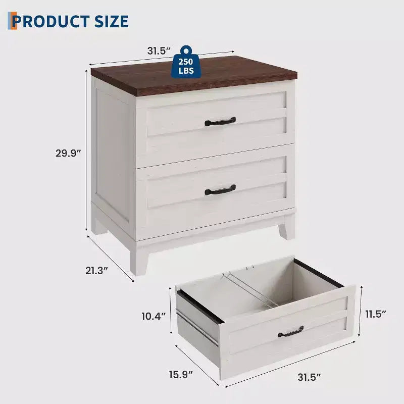 Meuble de classement latéral avec 2 tiroirs profonds, grand meuble de rangement en bois de style ferme avec suspension pour documents au format légal/lettre/A4, pour bureau à domicile