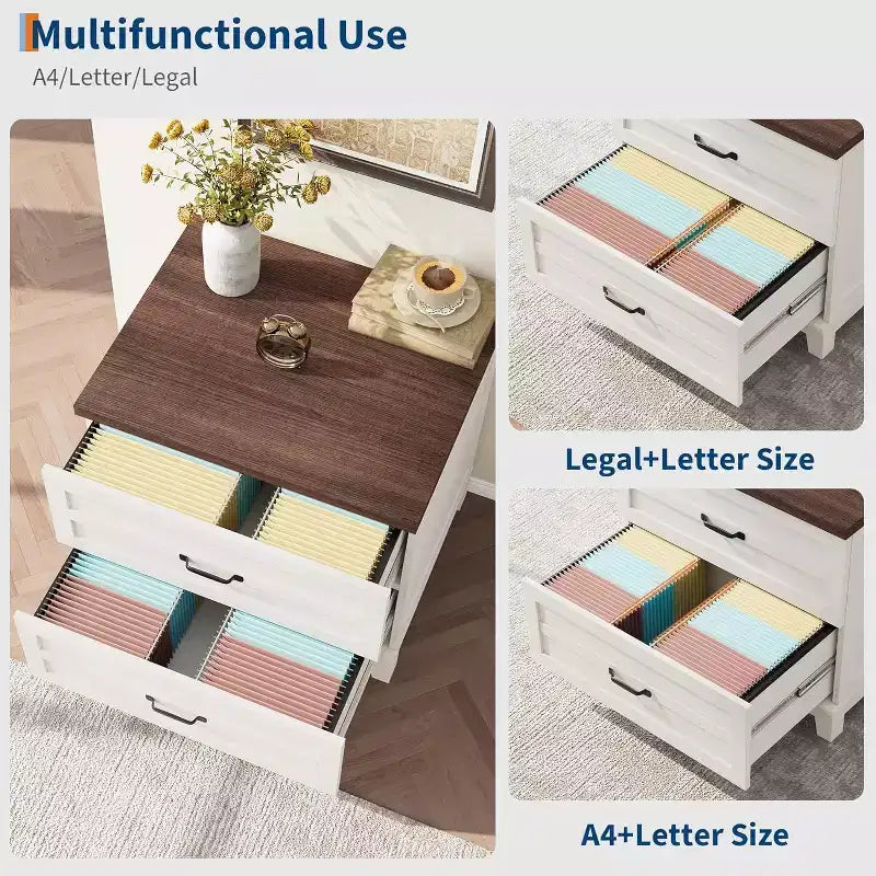 Meuble de classement latéral avec 2 tiroirs profonds, grand meuble de rangement en bois de style ferme avec suspension pour documents au format légal/lettre/A4, pour bureau à domicile