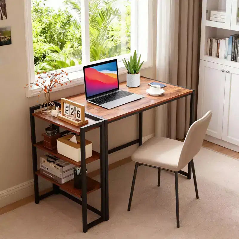 Bureau pliant de 89 cm avec étagère de rangement, bureau d'ordinateur peu encombrant, table robuste sans assemblage, pour chambre à coucher, bureau à domicile