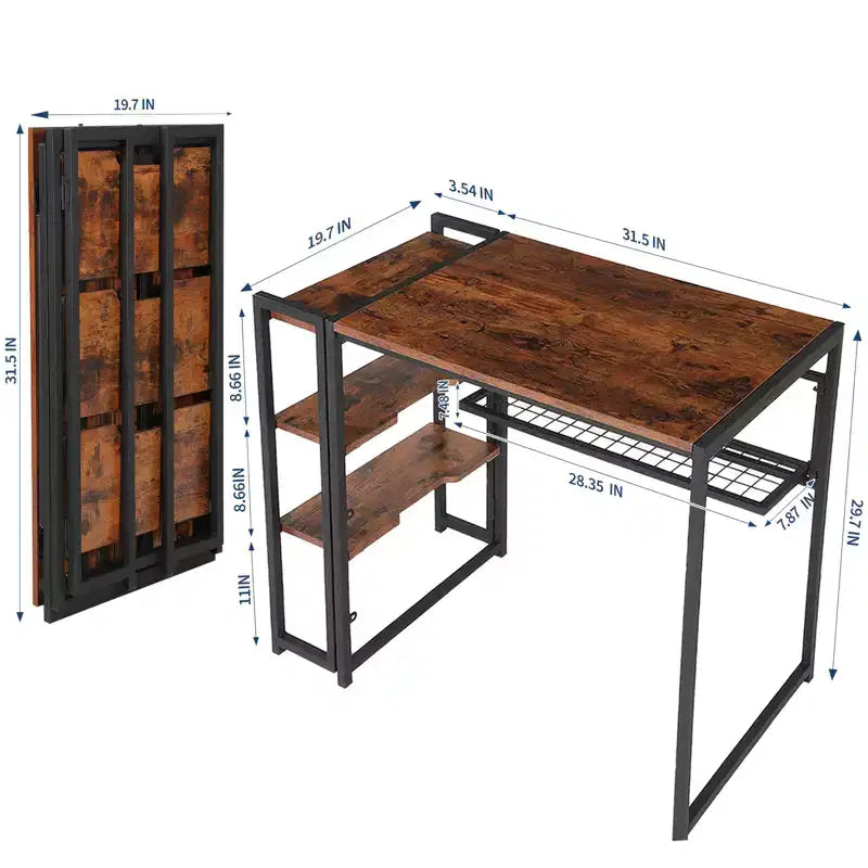 Bureau pliant de 89 cm avec étagère de rangement, bureau d'ordinateur peu encombrant, table robuste sans assemblage, pour chambre à coucher, bureau à domicile