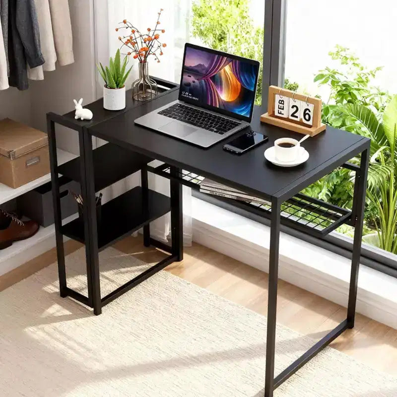 Bureau pliant de 89 cm avec étagère de rangement, bureau d'ordinateur peu encombrant, table robuste sans assemblage, pour chambre à coucher, bureau à domicile
