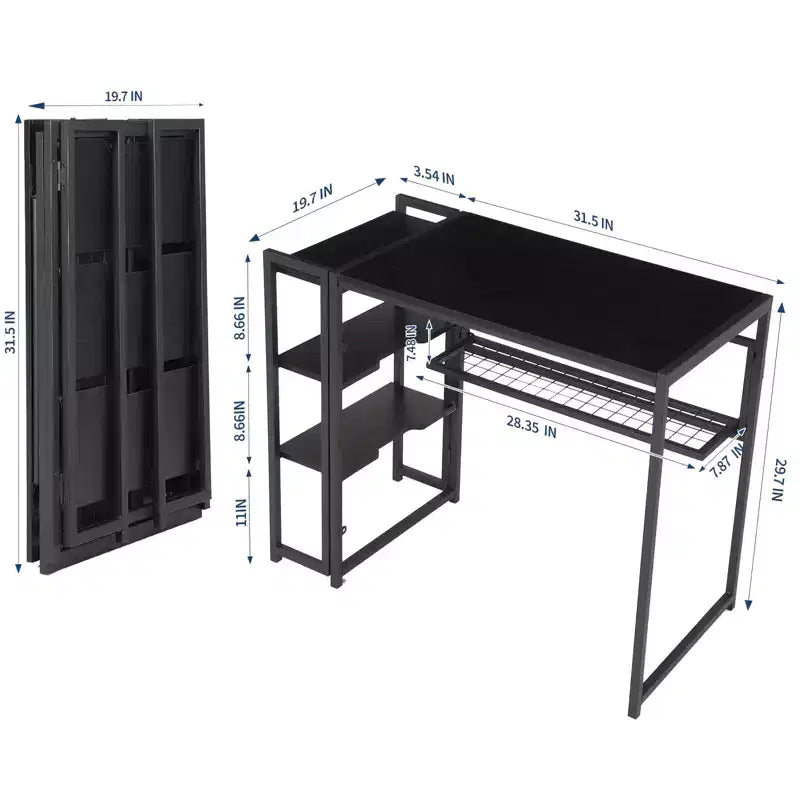 Bureau pliant de 89 cm avec étagère de rangement, bureau d'ordinateur peu encombrant, table robuste sans assemblage, pour chambre à coucher, bureau à domicile