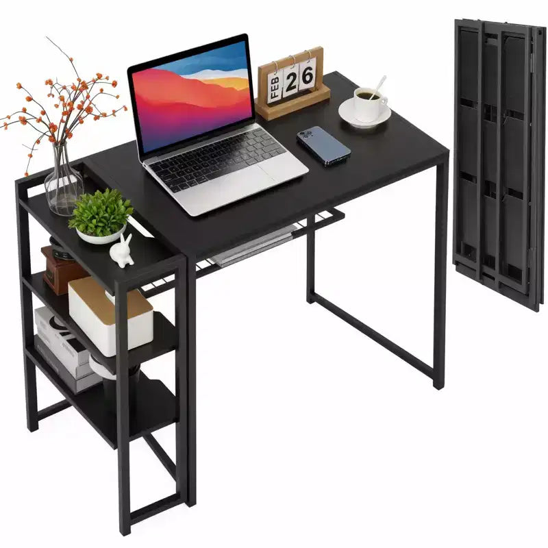Bureau pliant de 89 cm avec étagère de rangement, bureau d'ordinateur peu encombrant, table robuste sans assemblage, pour chambre à coucher, bureau à domicile
