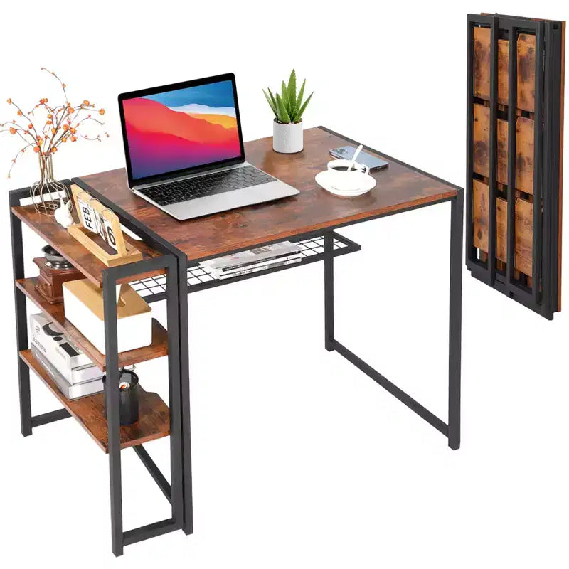 Bureau pliant de 89 cm avec étagère de rangement, bureau d'ordinateur peu encombrant, table robuste sans assemblage, pour chambre à coucher, bureau à domicile