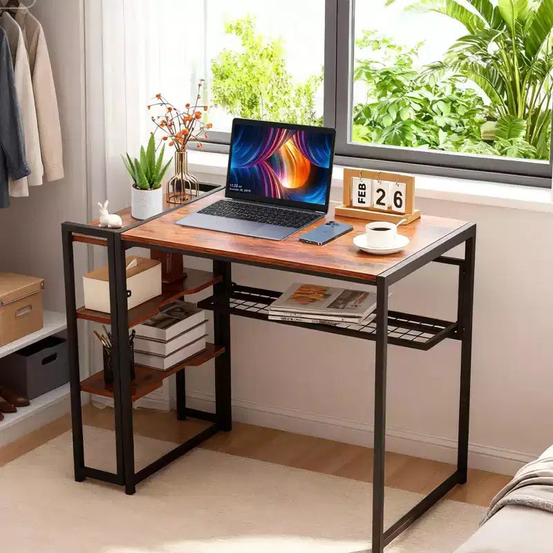 Bureau pliant de 89 cm avec étagère de rangement, bureau d'ordinateur peu encombrant, table robuste sans assemblage, pour chambre à coucher, bureau à domicile