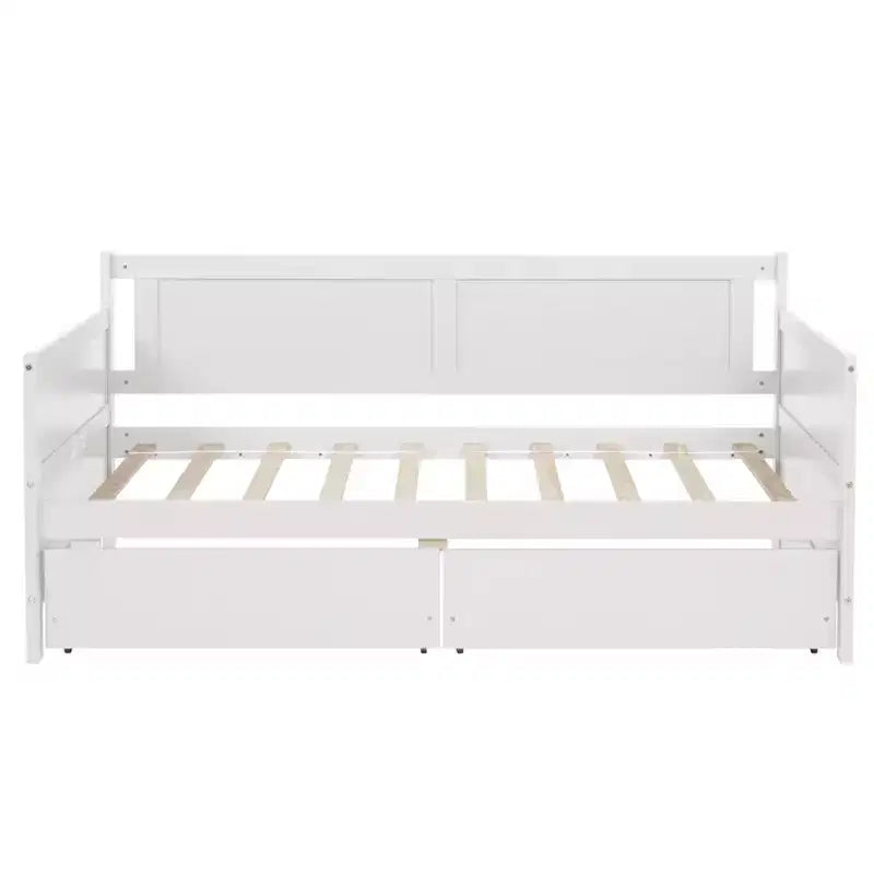 Lit de repos jumeau avec 2 tiroirs de rangement, Canapé-lit en bois de pin massif, Design peu encombrant pour chambre ou salon, Blanc
