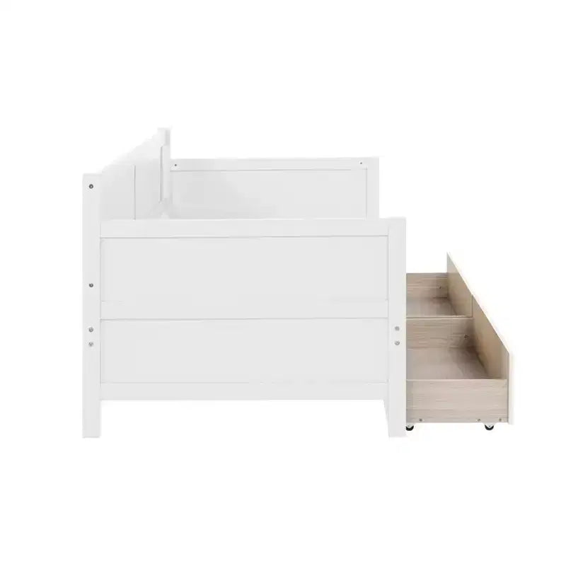 Lit de repos jumeau avec 2 tiroirs de rangement, Canapé-lit en bois de pin massif, Design peu encombrant pour chambre ou salon, Blanc