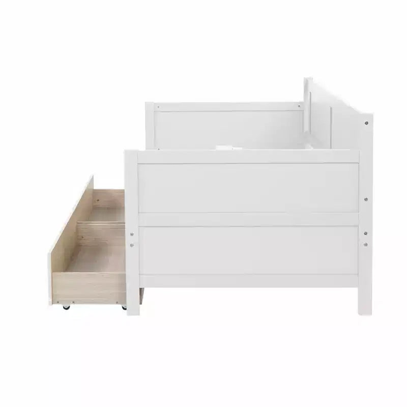 Lit de repos jumeau avec 2 tiroirs de rangement, Canapé-lit en bois de pin massif, Design peu encombrant pour chambre ou salon, Blanc
