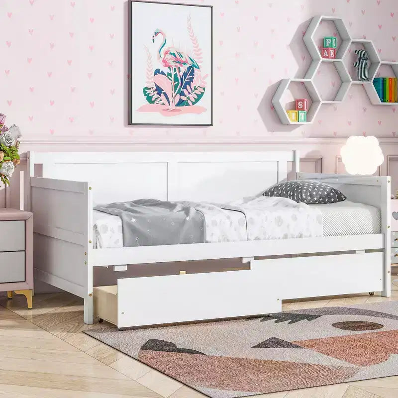 Lit de repos jumeau avec 2 tiroirs de rangement, Canapé-lit en bois de pin massif, Design peu encombrant pour chambre ou salon, Blanc