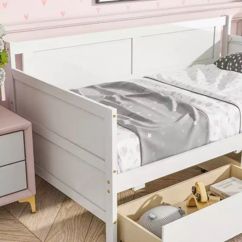 Lit de repos jumeau avec 2 tiroirs de rangement, Canapé-lit en bois de pin massif, Design peu encombrant pour chambre ou salon, Blanc