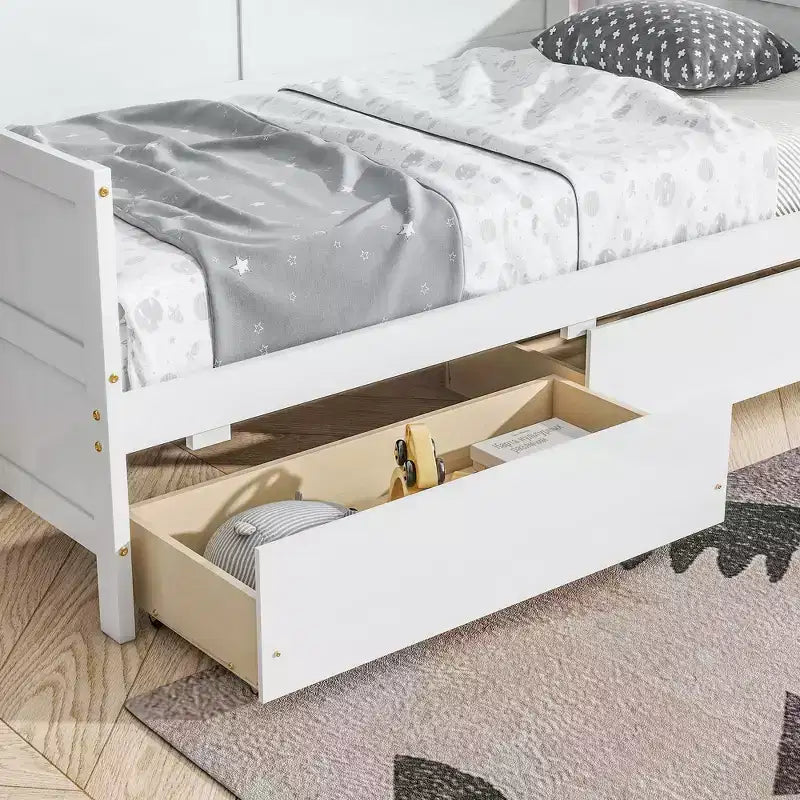 Lit de repos jumeau avec 2 tiroirs de rangement, Canapé-lit en bois de pin massif, Design peu encombrant pour chambre ou salon, Blanc