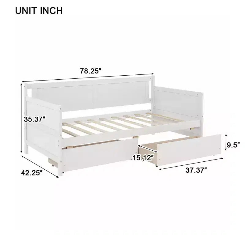 Lit de repos jumeau avec 2 tiroirs de rangement, Canapé-lit en bois de pin massif, Design peu encombrant pour chambre ou salon, Blanc