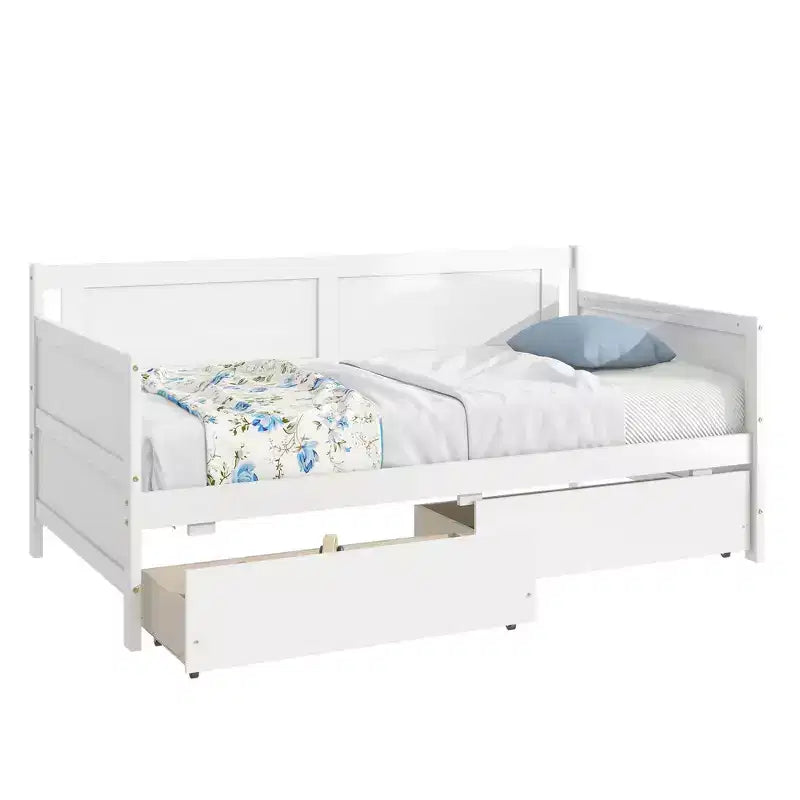 Lit de repos jumeau avec 2 tiroirs de rangement, Canapé-lit en bois de pin massif, Design peu encombrant pour chambre ou salon, Blanc