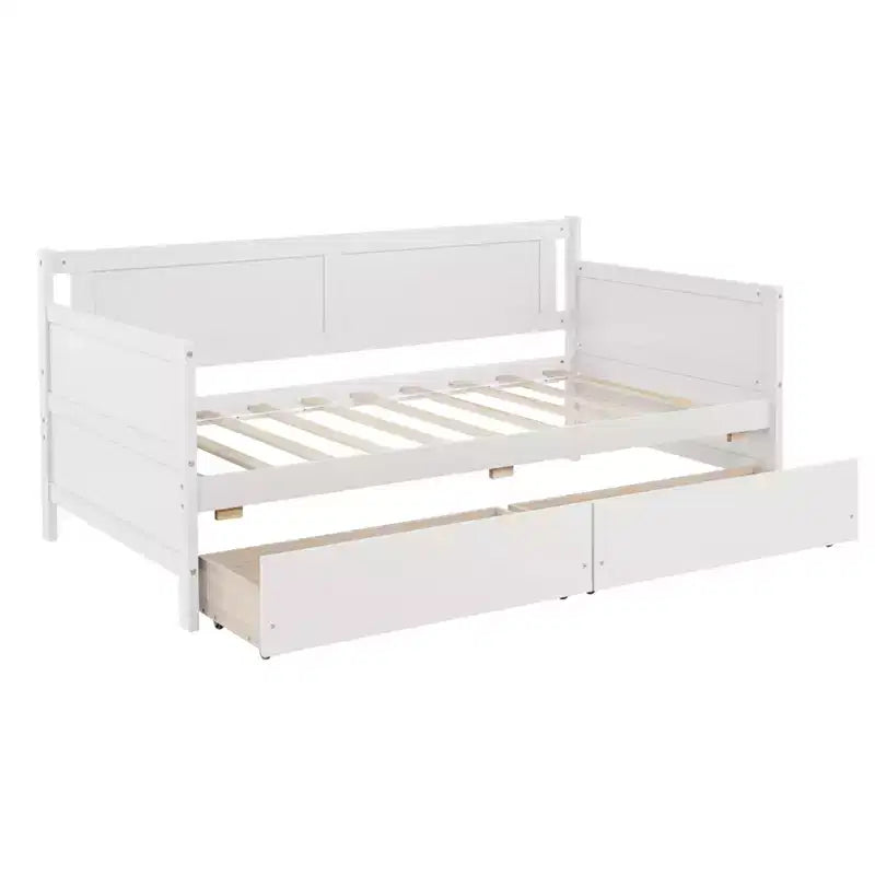 Lit de repos jumeau avec 2 tiroirs de rangement, Canapé-lit en bois de pin massif, Design peu encombrant pour chambre ou salon, Blanc