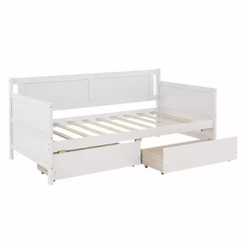 Lit de repos jumeau avec 2 tiroirs de rangement, Canapé-lit en bois de pin massif, Design peu encombrant pour chambre ou salon, Blanc
